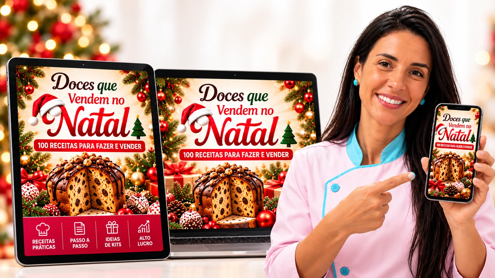A especialista original com a capa do produto no celular, ao lado do tablet e do notebook com as receitas natalinas